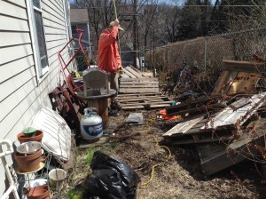 DH cutting pallets into usable pieces.